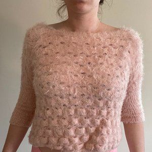 Guess Women's Fuzzy Pink Sweater Bateau Neckline - Small